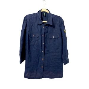 💚💚LAUREN Ralph Lauren Linen Button Shirt Navy 3/4 Sleeve Gold Anchor